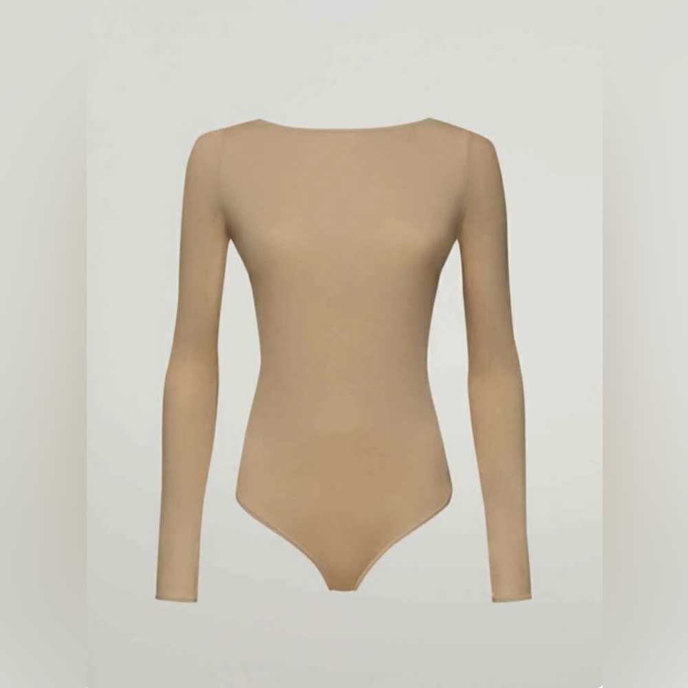 NWT Wolford Back-Cut-Out Bodysuit Cafe Au Lait Size L Nude Long Sleeve Ret $190